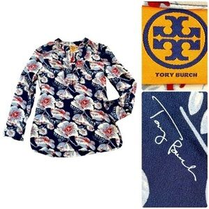 Tory Burch Gorgeous 100% Silk Floral Long Sleeve Blouse with Mandarin Collar